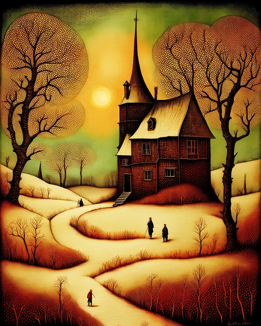 Richly textured Hieronymus Bosch, Catrin Welz-Stein, William Turner, Zdzisław Beksiński, Jacek Yerka oil on canvas zentangle line art style mix, surreal frosted fantasyland winter oceanscape, hoarfrost on trees, high grasses, snow and cottages, withered flowers, pale sunrise; paint splatter, beautiful vibrant colors, reflections, SK, flying seagulls, dramatic clouds, snowfall.