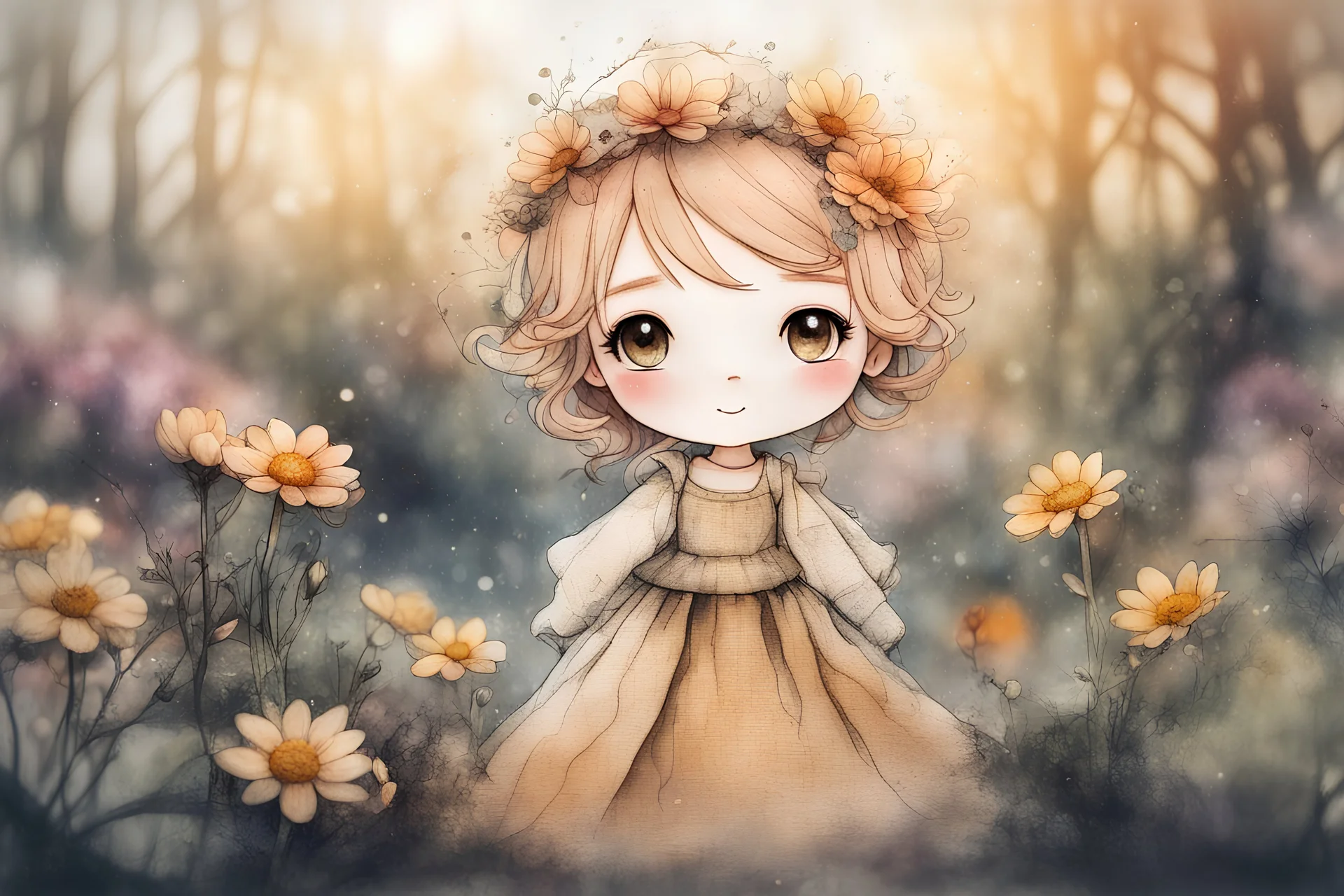 double exposure, merged layers, painted and burned burlap, cute chibi anime flower princess in a flowergarden, melting watercolor and black ink outlines on wet paper, soft, shading strokes, in sunshine, ethereal, otherwordly, cinematic postprocessing, bokeh, dof