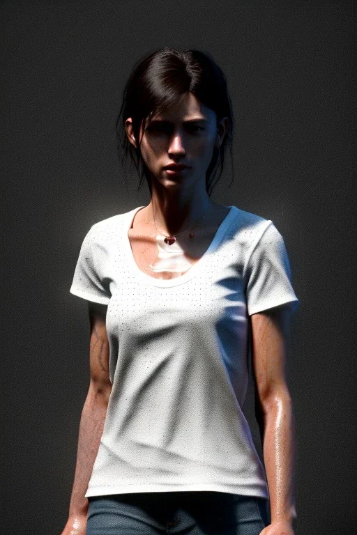 Ultra Realistic image, 25 years old brunette woman, Madrid, portrait, small stature, small chest, yakuza body tattoo, white broken cotton short undershirt, black latex short, rain, fog, club night Tokyo ambient, vibrant color, highly detailed, art stations, concept art, smooth, unreal engine 5, god rays, ray tracing, RTX, lumen lighting, ultra detail, volumetric lighting.