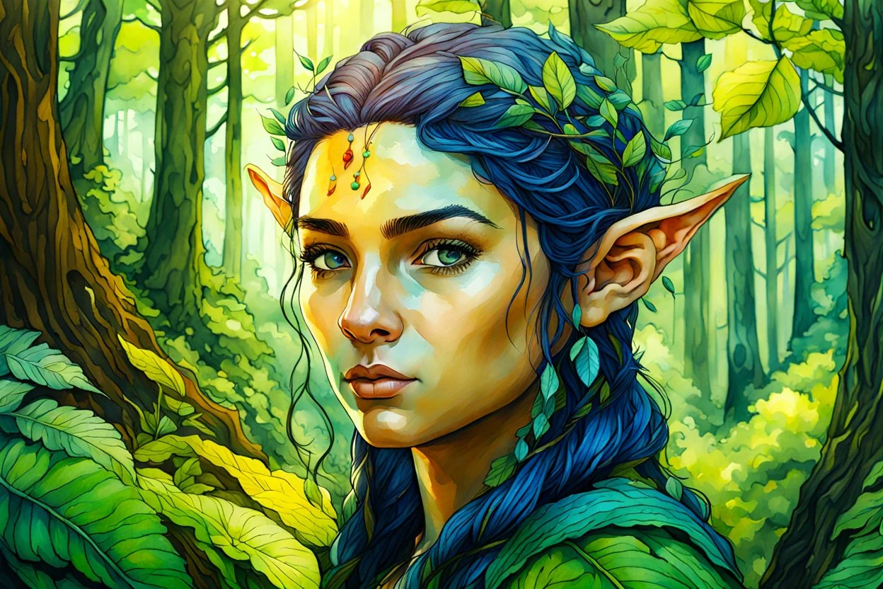 create oil and watercolor portrait of a young, nomadic forest elf female fantasy art character, with highly detailed, sharply lined facial features, in a primeval forest landscape , finely inked, 4k in the style of Maxfield Parrish