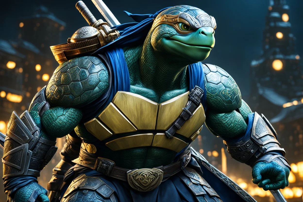 Leonardo in 8k live anime artstyle, Turtles, black ronin custom, TMNT them , dynamic pose, intricate details, highly detailed, high details, detailed portrait, masterpiece,ultra detailed, ultra quality