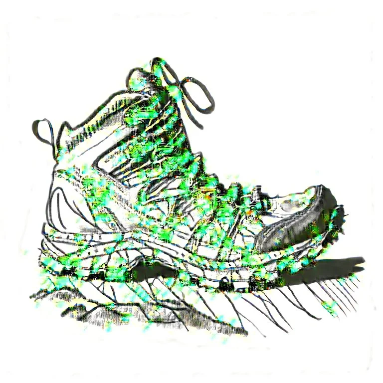 a black and white scribble sketch of a hiking shoe, detailed