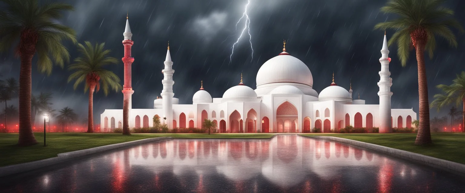 Hyper Realistic massive huge white-red mosque at a rainy night with grassy pathway, palm trees & Thunderstorm