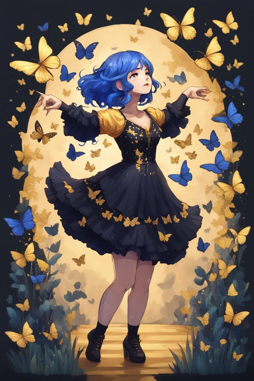 Girl with blue hair in black and gold dress dancing with butterflies, stardew, valley style