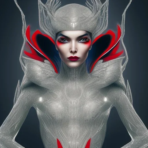 This spider woman is a formidable sight to behold, with the body of a human woman and the head and legs of a spider. She is dressed in a sleek black and red leather suit, with a hood that covers her spider head. Her skin is covered in shimmering black scales, and her eyes glow a bright, otherworldly green. She is fast and agile, able to climb walls and ceilings with ease. She has venomous fangs and sharp claws, and she can spin webs of magical energy to ensnare her enemies. She is intelligent an