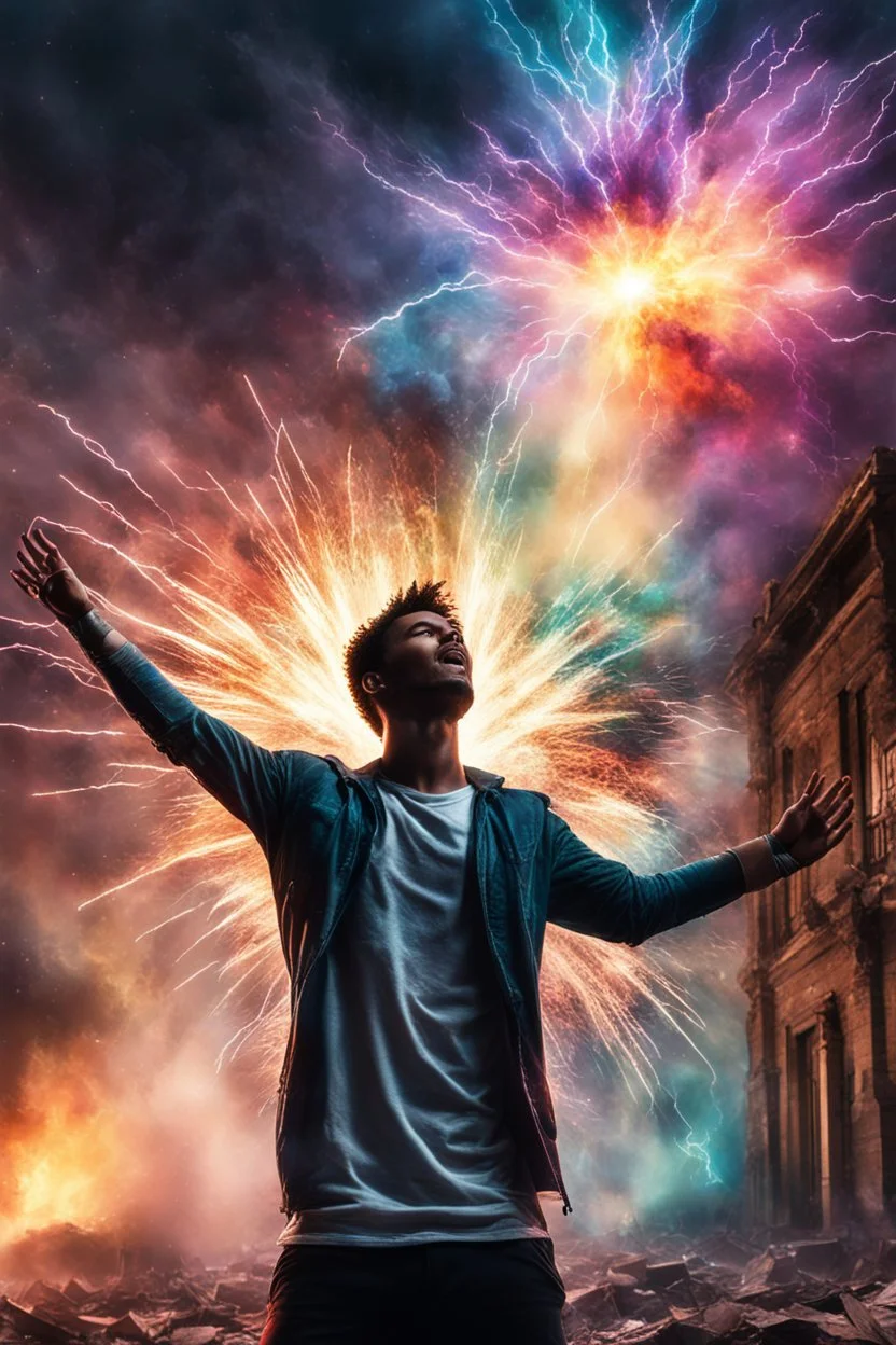 Young man standing, with arms raised, in front of a building that is exploding at night, with coloured auras and lightning around him