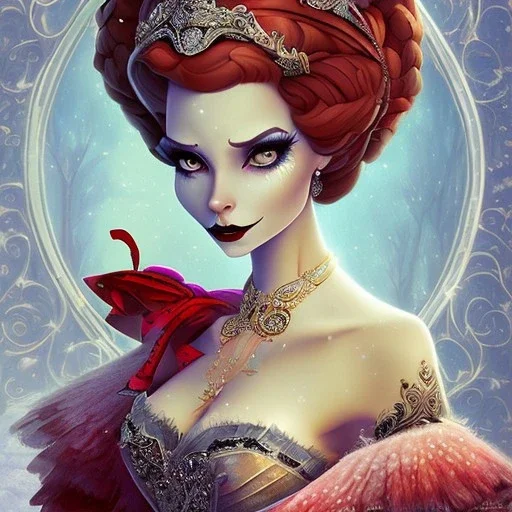 extrem tim burton style and disney style of an extrem old evil stepmother, sharp focus, beautiful eyes