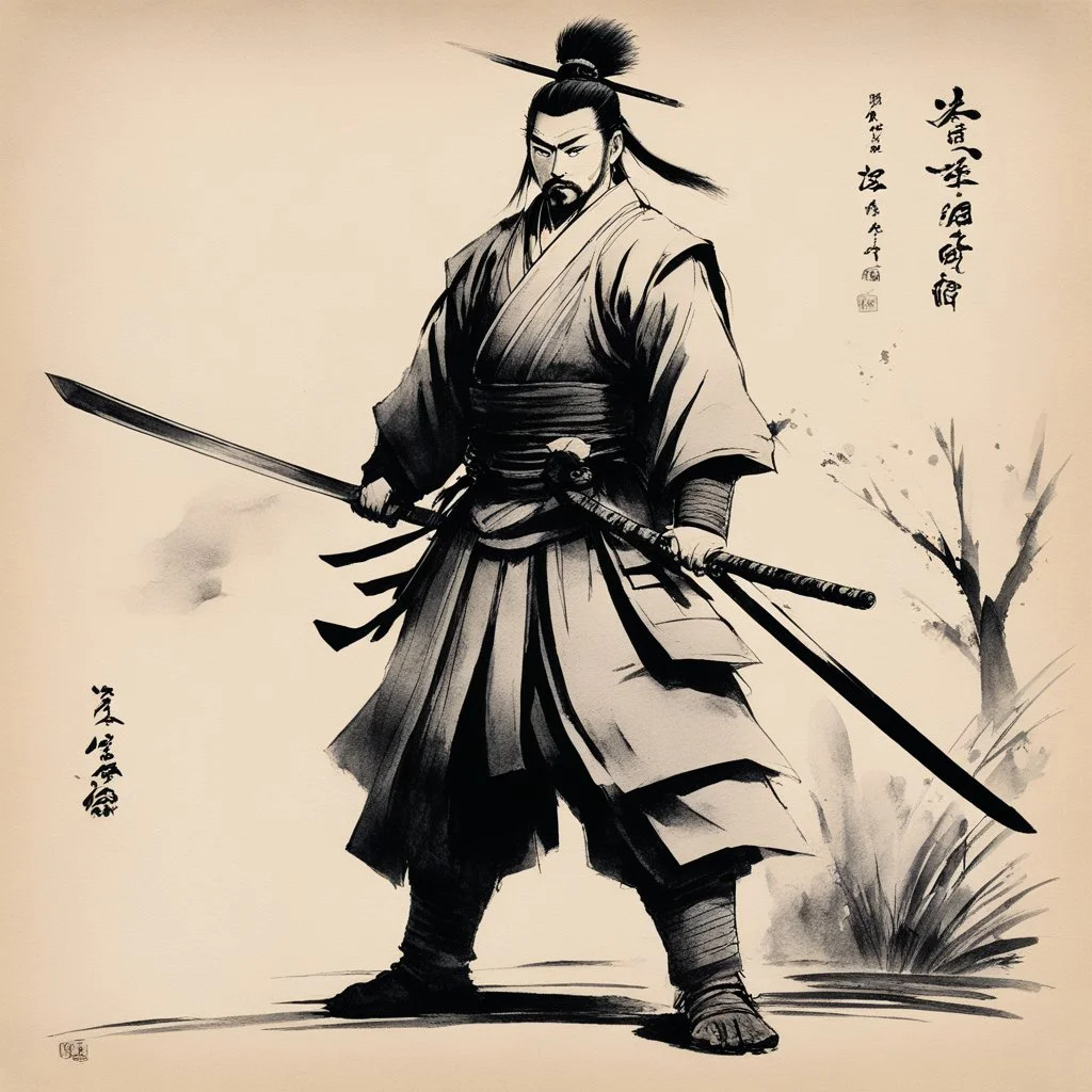 [traditional Chinese brush, expressive line, ink washes] the jodan no kamae: the samurai stands tall and proud, feet firmly planted on the ground. his katana is held high above his head, angled slightly forward, with the blade pointing menacingly towards the heavens. The grip is firm, yet relaxed, a subtle indication of the controlled ferocity that lies within.