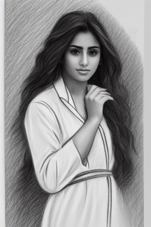 Pencil sketch of Young woman , nurse , Arab features,sad, long wavy hair, full body، on lined paper