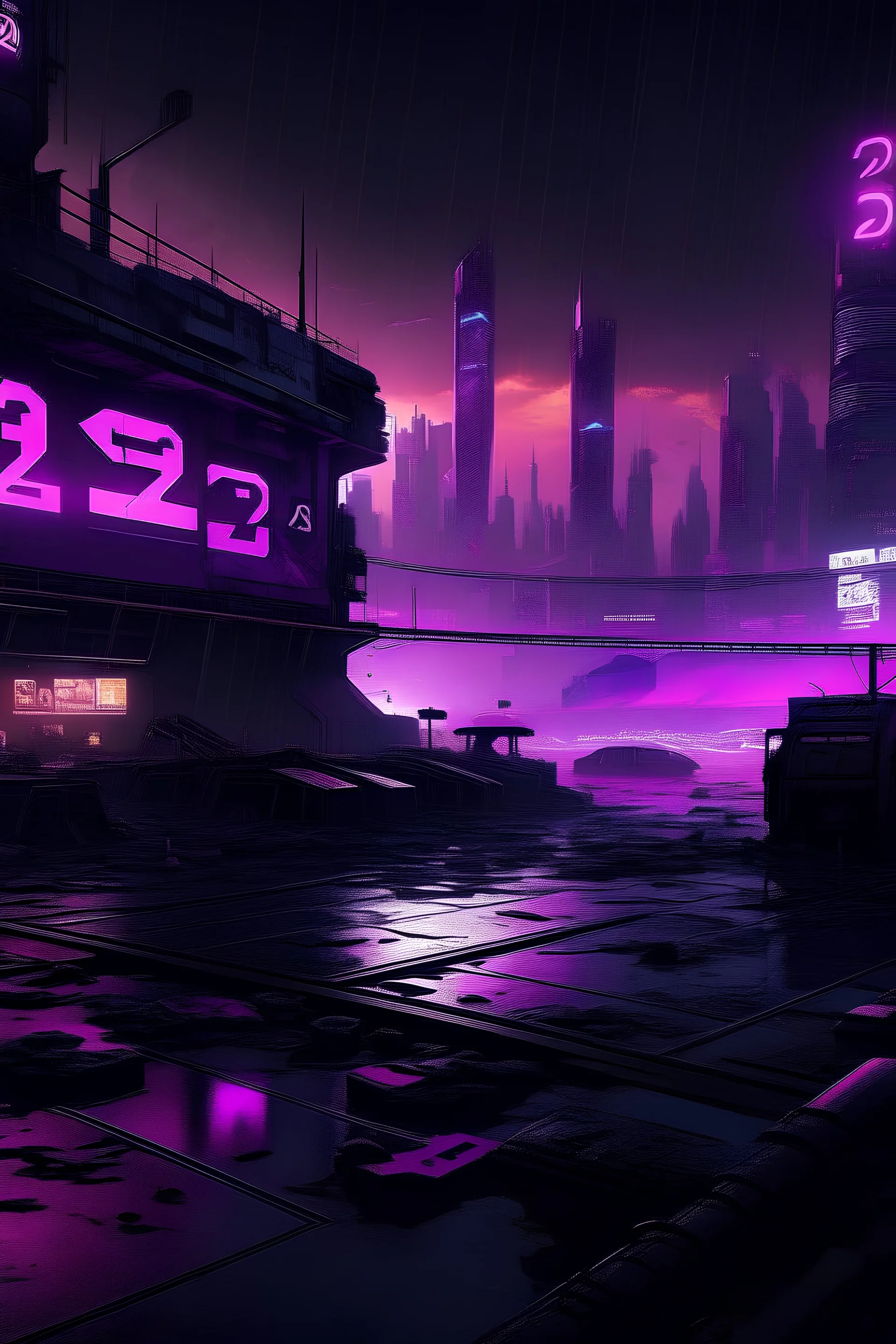 pos-apocalyptic cyberpunk city with destroyed buildings, a plubicity showing the number "2222", illuminated purple neon, dark, high contrast