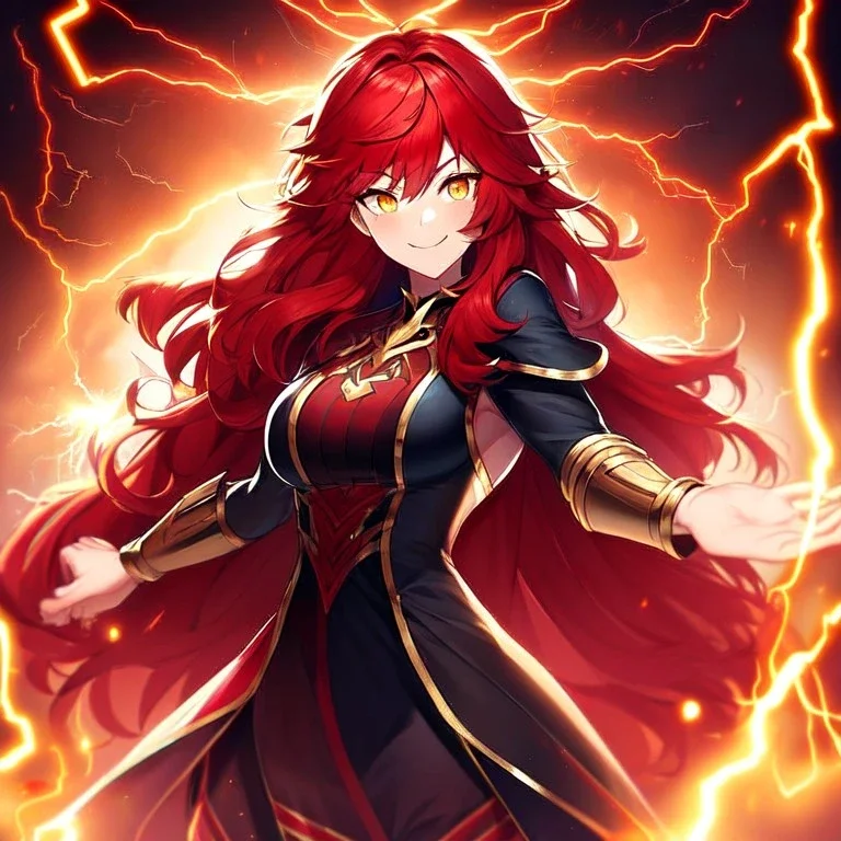 girl, masterpiece, best quality, volumetric lighting, detailed outfit, perfect eyes, red hair, long hair, vibrant golden eyes, messy hair, lightning magic, angry, smile,