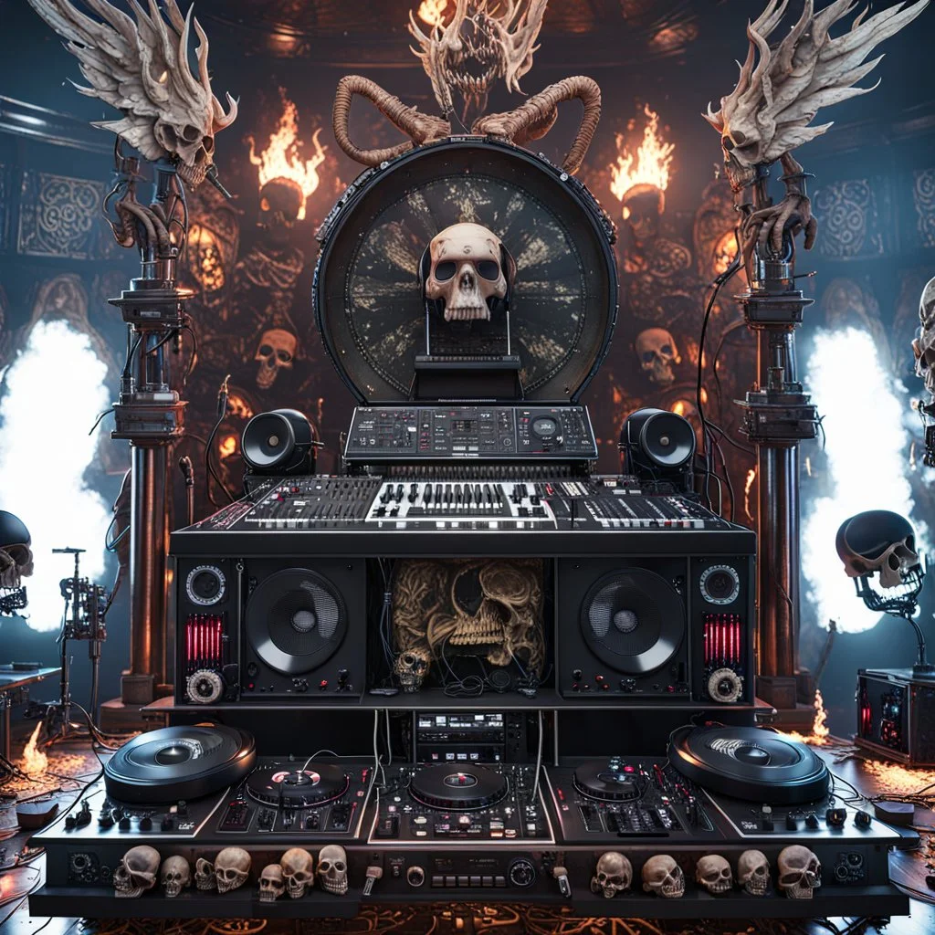 DJ of the damnded, insanely detailed DJ booth in hell, MID set, speakers and equipment made of bone, anatomically correct, add more skulls in th audience, photorealism, vray, 8k 3d https://stablecog.com/generate?o=a67b60e0-edd2-418d-9744-d1d585055d7fv https://stablecog.com/generate?o=93026b00-ac6b-436a-bc57-6aa04073d4a9