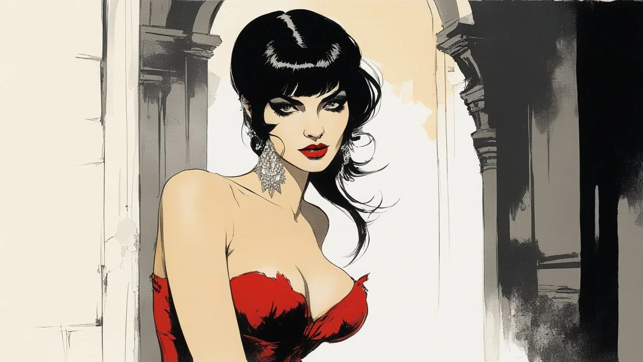 [art by Corto Maltese, hugo pratt] on the doorstep: Vampirella the vampire in a party, she claims to be the daughter of Lilith, whom popular medieval Jewish lore depicts as the first wife of Adam.