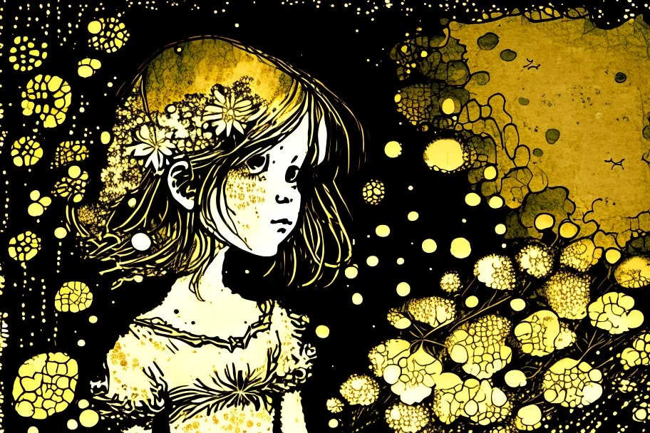 Beautiful girl's caricature in ochre and hydrangeas, looking skyward in wonder, nostalgia, battery corrosion, starry sky, garden, Mercury Glass patina, topographic lines, Art Brut, moody, somber, desaturated colors, in the style of Paul Klee, Arthur Rackham golden glitter ink outlines