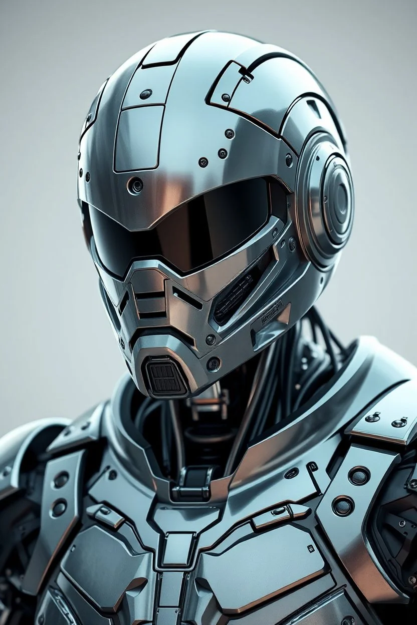 Create a whole body image of a future advanced robot character with on an advanced robotic and mechanical biker . The head is entirely covered in shiny metal armor, and the face must remain in that position.