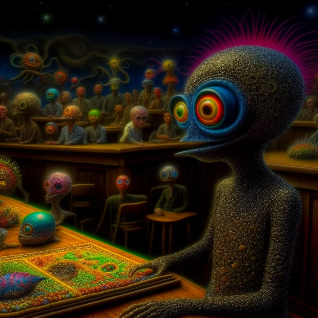 Hyperrealistic, spooky, dark, odd extraterrestrial being at work as a school teacher, many students, sharp focus, 8k, 3d, very detailed, volumetric light, grim, fine art, very colorful, ornate, insanely detailed and intricate, hypermaximalist, super detailed, decadent, Max Ernst style