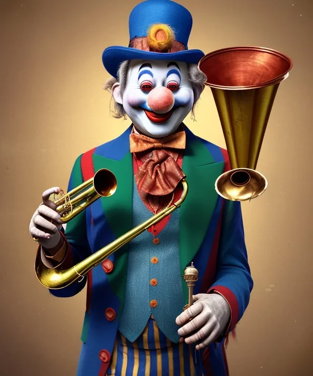 happy old friendly clown with round head and trimmed beard playing jazz with a steampunk theme, trumpet on mouth, circus,dreamy