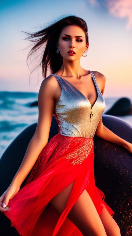 very nice real face beautiful sexy roman with make up at the beach leaning to a big rock,in a short lace red and silver dress, full body, 3D cloudy sky volumetric nice clouds 8k sharp focus,sunset,golden hour,medium shot