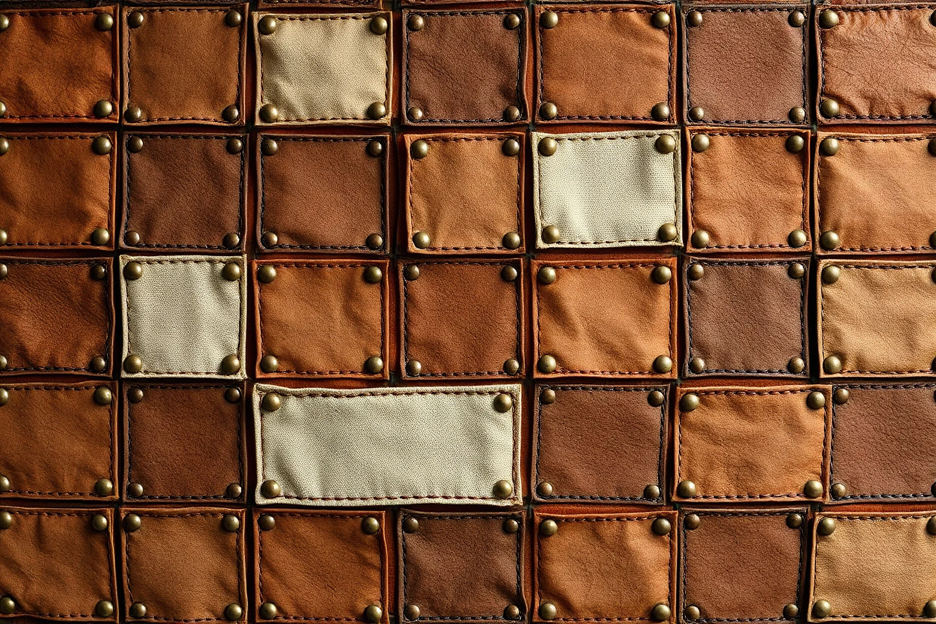 leather background covered with a grid of many rectangular weathered and faded canvas patches that are each stitched (brown) and nailed (brass) around the edges