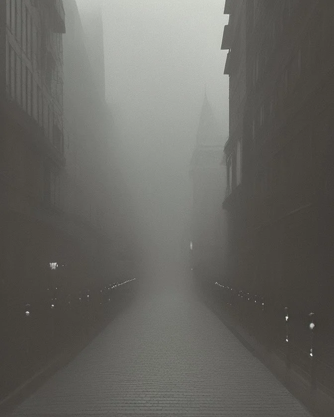 Dark street life creepy fog colours strong texture nightmare 8k artistic Photography volumetric light, Yves Tanguy Max Ernst Gustav Klimt chaos fool