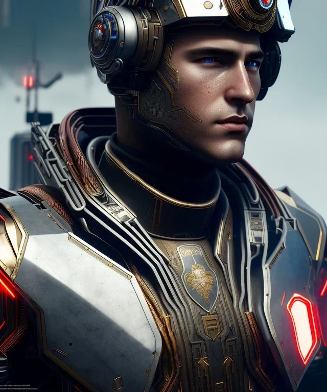 male soldier cyborg| detailed face| symmetric| steampunk| cyberpunk| cyborg| intricate detailed| to scale| hyperrealistic| cinematic lighting| digital art| concept art| mdjrny-v4 style| red| space city