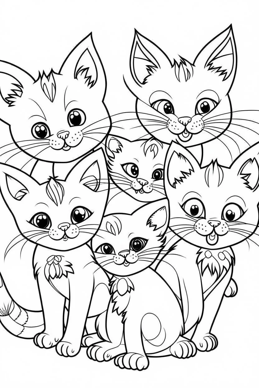 coloring page for kids, kittens , cartoon style, thick outline, low details, no shading, no color