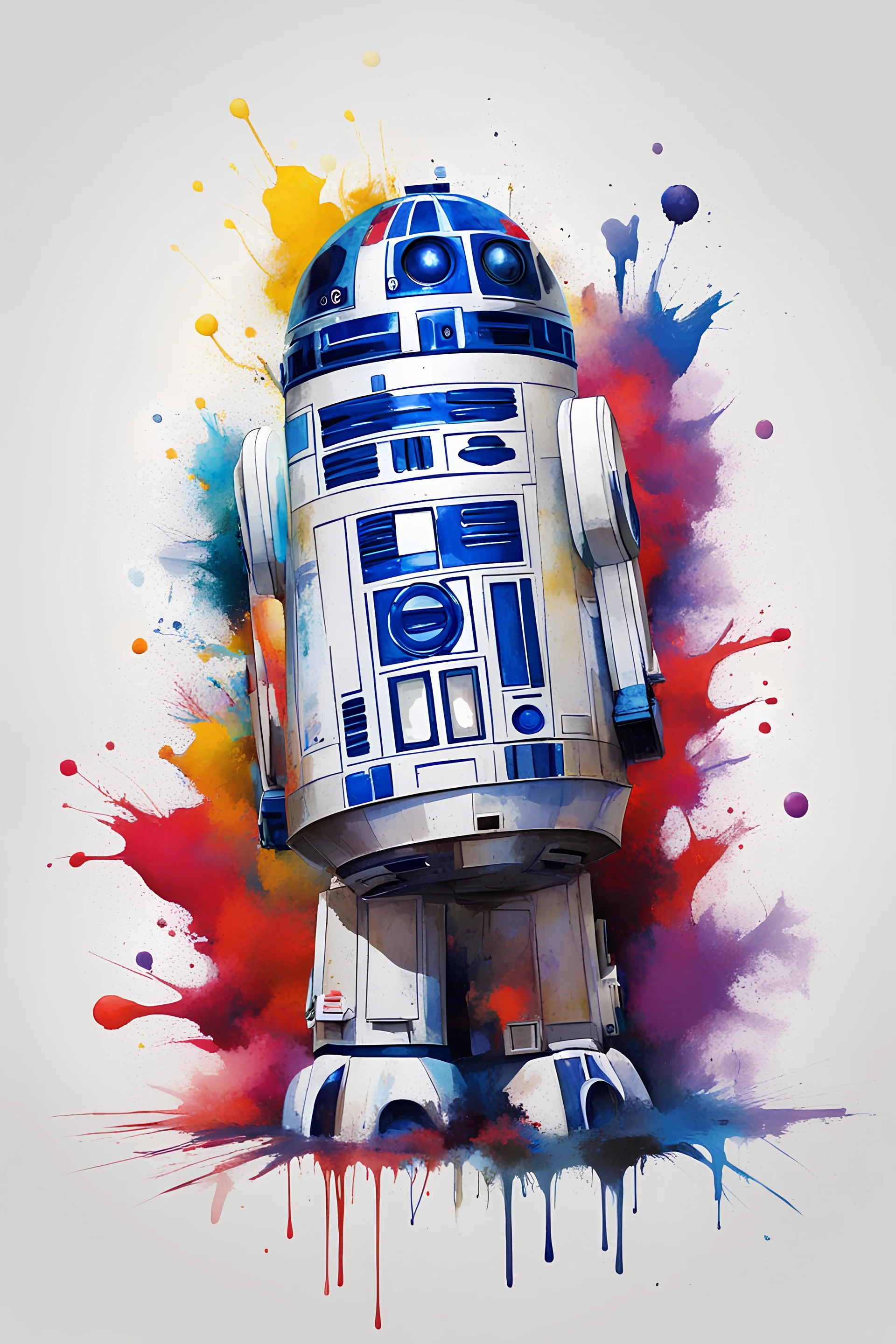 modern colored oil style of R2D2 from star wars, white background, color splashes