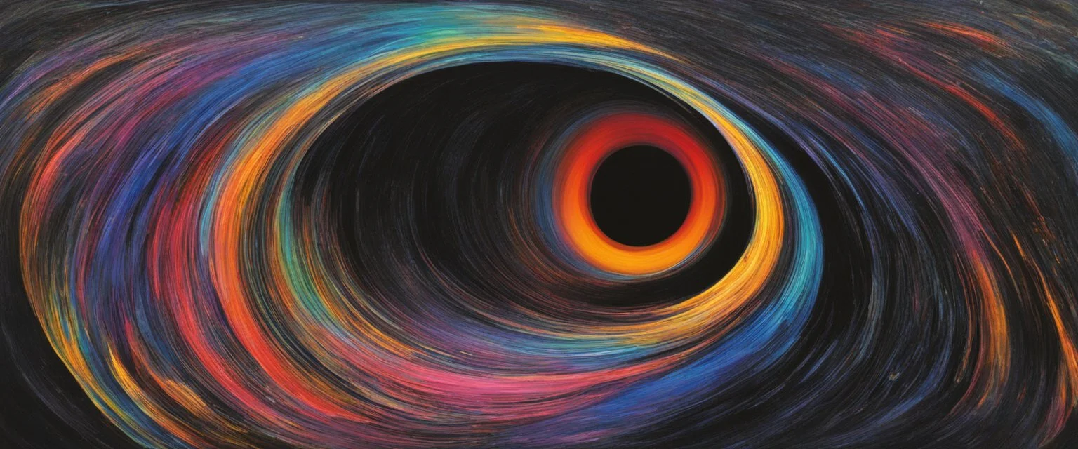 colorful, rainbow, A visually striking and abstract representation of the void and a black hole, utilizing dark hues and dynamic shapes to evoke the enigmatic and powerful aspects of cosmic emptiness, (visually striking abstract representation:1.4), (the void and black hole:1.5), (dark hues and dynamic shapes:1.3), (expressive and cosmic ambiance:1.2), drawing inspiration from abstract interpretations of the cosmic void and black hole phenomena