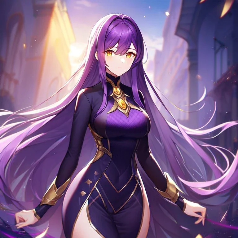 girl, masterpiece, best quality, cinematic lighting, detailed outfit, perfect eyes, long hair, purple hair, vibrant golden eyes,