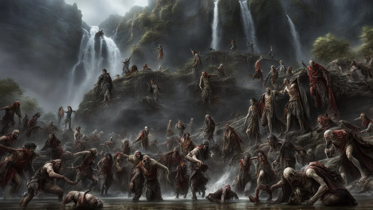 a pile of rotting zombies at the foot of a 3.000 feet high waterfall. fantasy setting, horror. exquisite realism, a masterpiece, fantasy concept art, dynamic lighting, hyperdetailed, intricately detailed, deep color, Unreal Engine, volumetric lighting, Epic cinematic brilliant stunning intricate meticulously detailed dramatic atmospheric maximalist digital matte painting