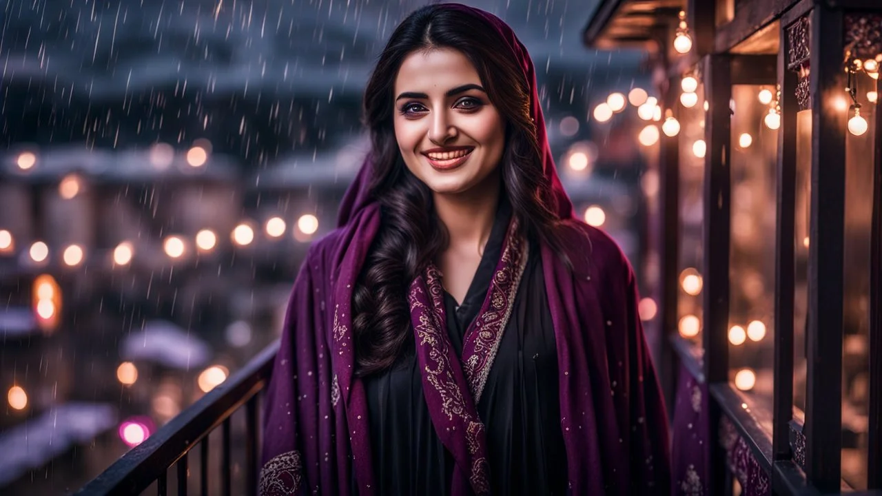 Hyper Realistic Photographic View Of A Gorgeous Pashto Young Woman (Wearing Long Purple Coat With Black Dress With White Embroidery & Wearing Maroon Scarf) Alone Happily Standing & Giving a Bold Smile With Dimples On Her Cheeks In Her (Black Walled) On Her Fancy Balcony Decorated With Fairy Lights With Her Beautiful Long Black Hair With Heavy Rainy Night Showing Dramatic & Cinematic Ambiance.