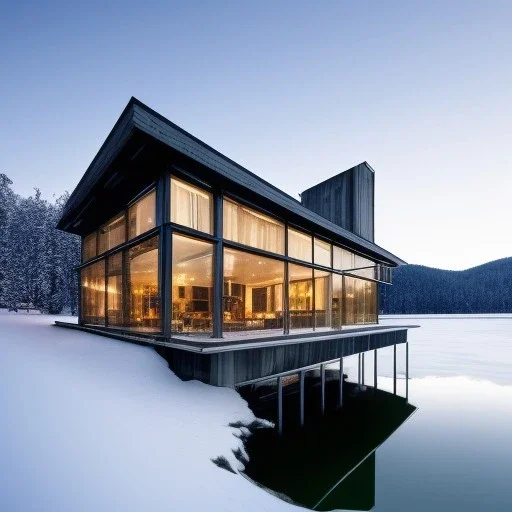 luxury home on a lake in the snowy mountains