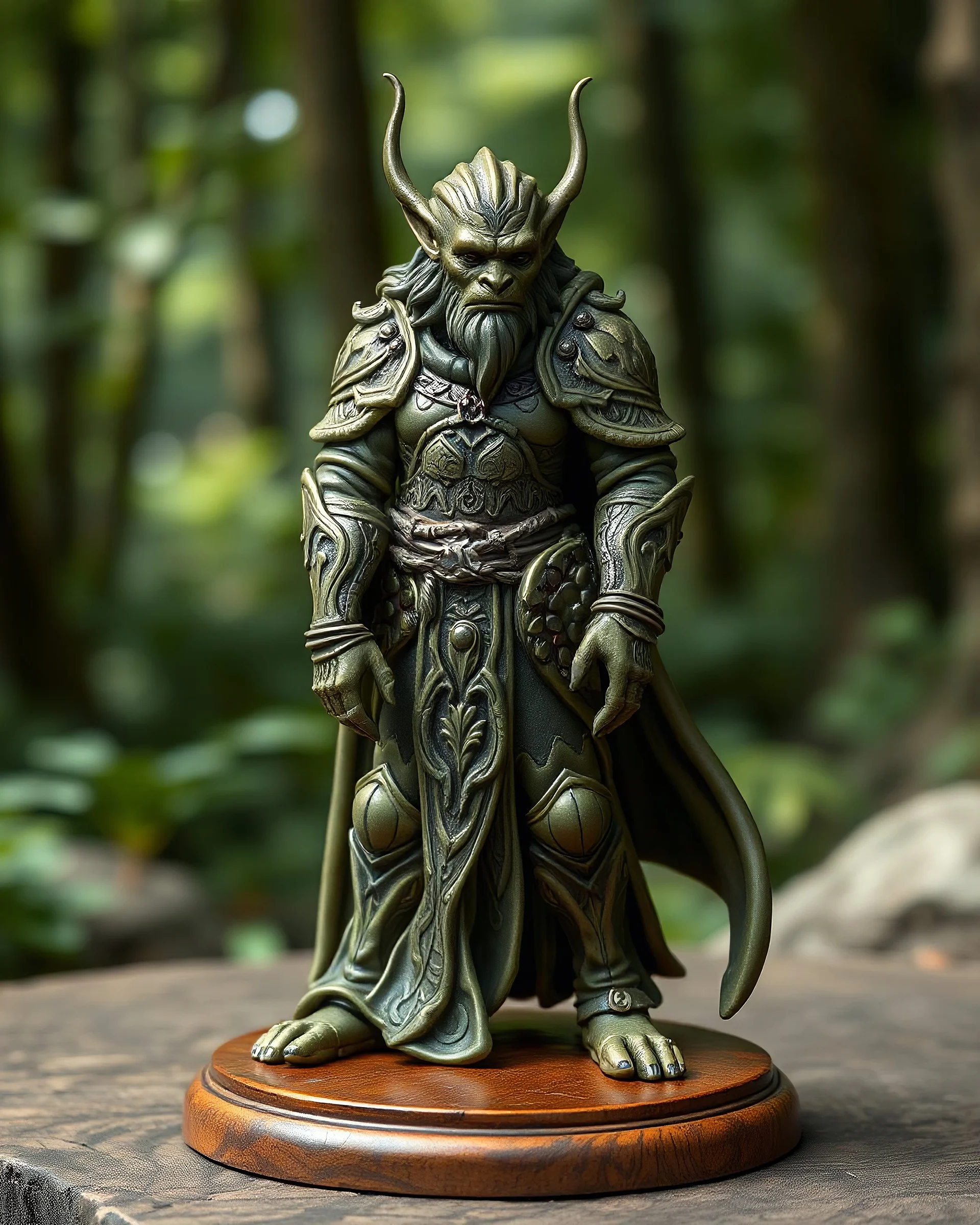 A tabletop role-playing miniature of an elf-half-orc-humanoid-ape-human cleric with flowing, minoan armour and robes with minoan patterns. The design blends elegant art nouveau curves, delicate leaf patterns, and fantasy elements, with a serene, wise expression and finely detailed, elven features. Art in the style of Alan lee, john howe, Richard and wendy pini, Michael whelan, william morris and art nouveau. the creature is full body and stands on a wooden base. the background is a forest.