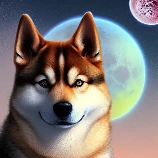 shiba inu doge, ethereal orbs, telekinesis, moonscape