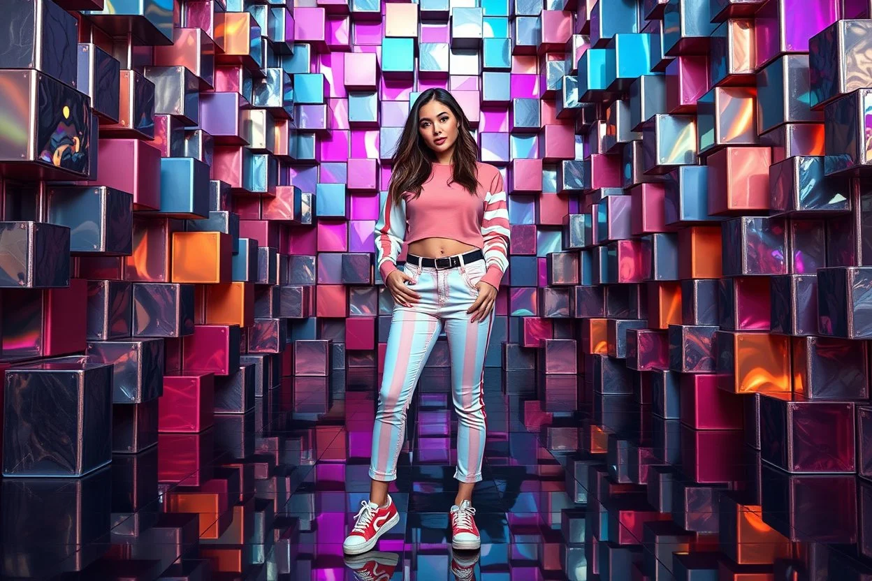beautiful lady with todays modern clothing and sport shoes, in surreal stage made of fractal random size objects with helical strip colors in clothing similar to environment full body posing to camera,animating background metallic random color cubes