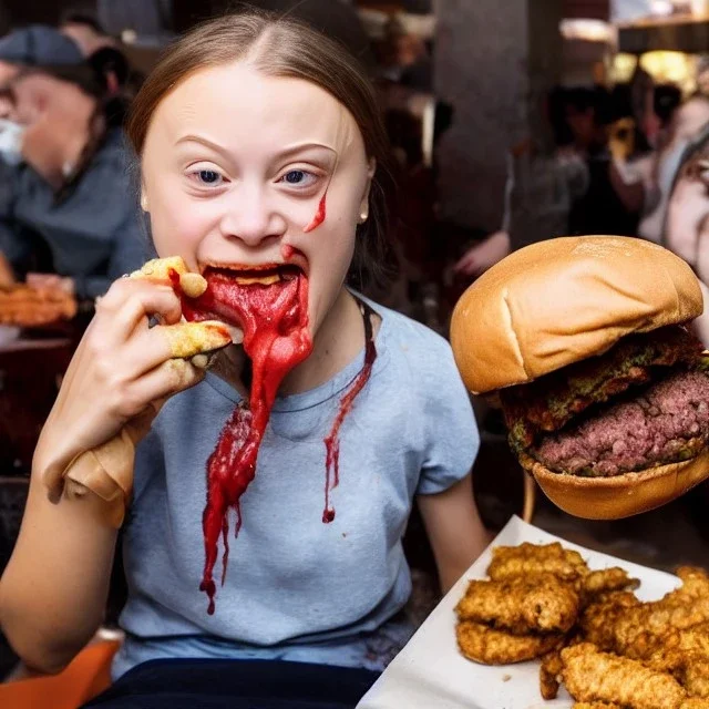 Greta Thunberg eating human meat burgers oozing with grease.full body, fantasy setting, real photo, soft lighting, blood dripping from face