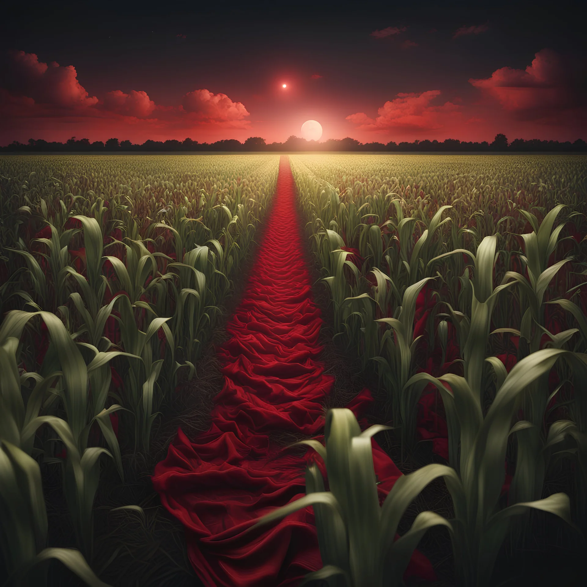 Hyper Realistic Corn Field With Red Cloth Flying at night