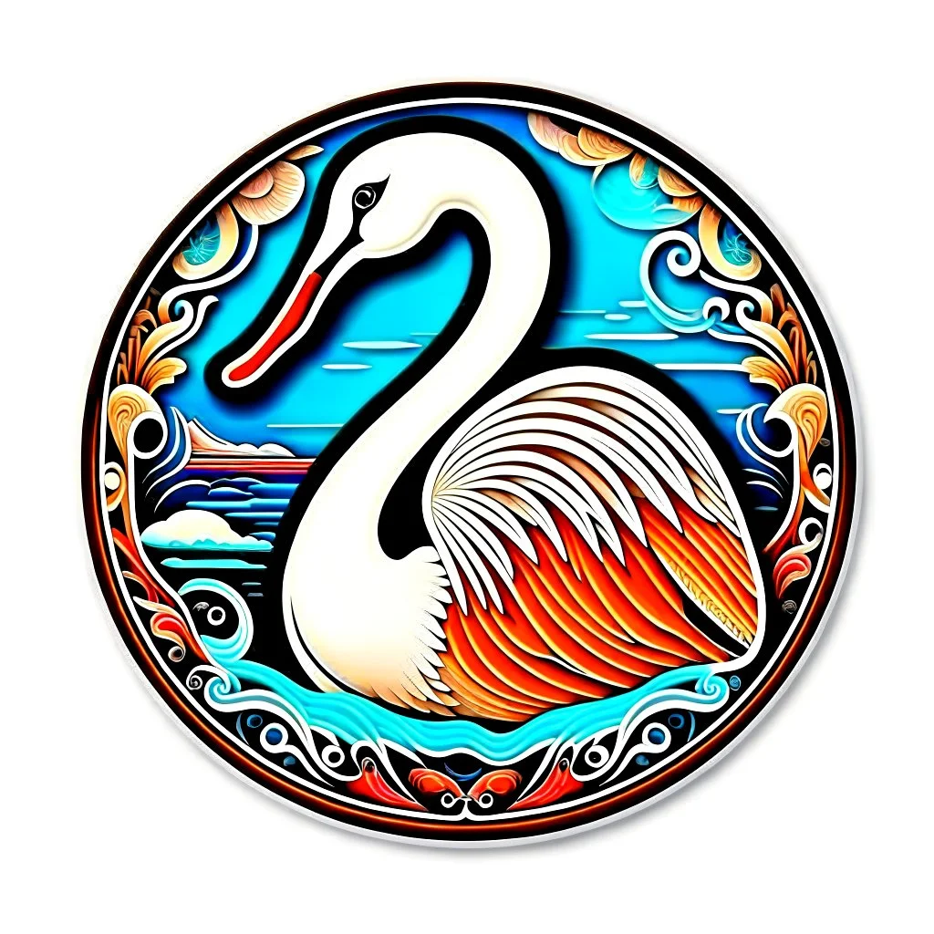 Sticker design on white background, swan in a lake in Anton Gaudi style, enameled, photorealistic