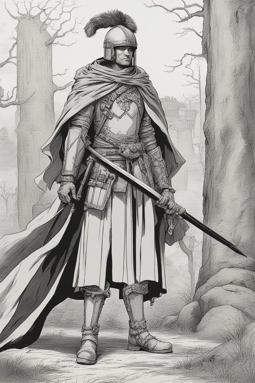 A commander with a black cloak and a long coat with long combat boots and a long spear with his Helmet under his cloak