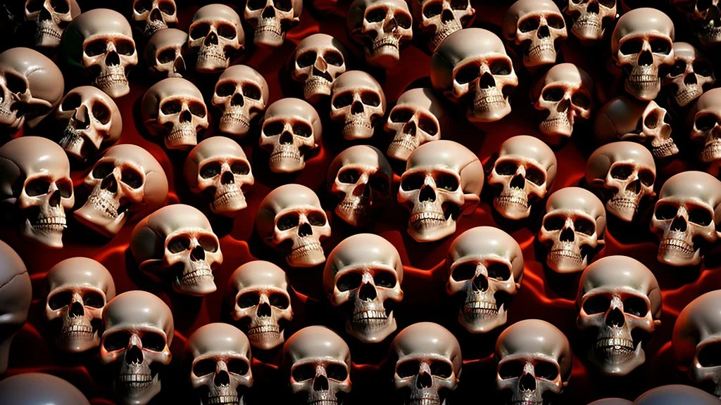 hundreds of anatomically correct, human skulls stacked into a wall unusual neon lighting, high octane, 64k, dystopian, vray, a picture of a dark, comedic, anatomically correct wall of colorful tightly packed skulls of varying sizes and expressions, photo-realistic, insanely meticulous, highly detailed,, 64k, dystopian, vray