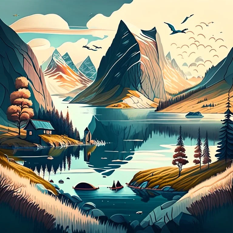 Generate an illustration of a Norwegian landscape in a unique, artistic style, drawing inspiration from the natural beauty of Norway for creative imagination.