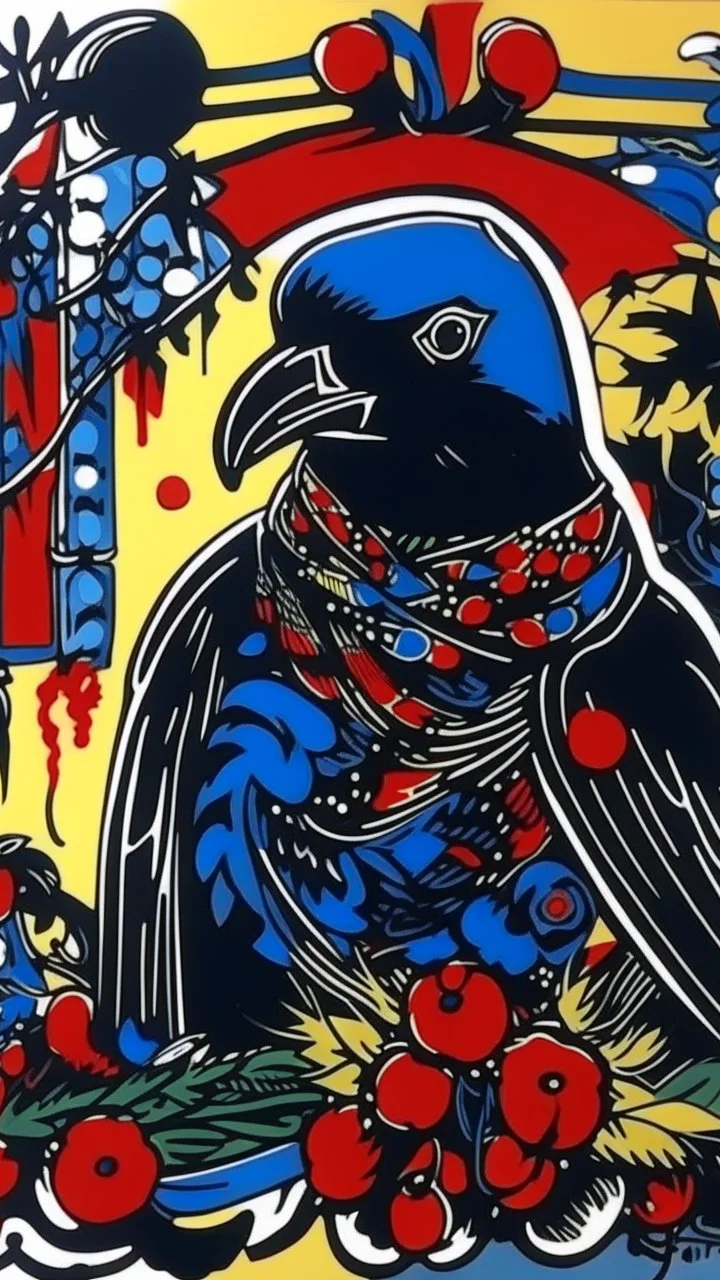 A contemporary serigraphy by Matisse of a human-like crow with a punk leather jacket within a Christmas atmosphere.