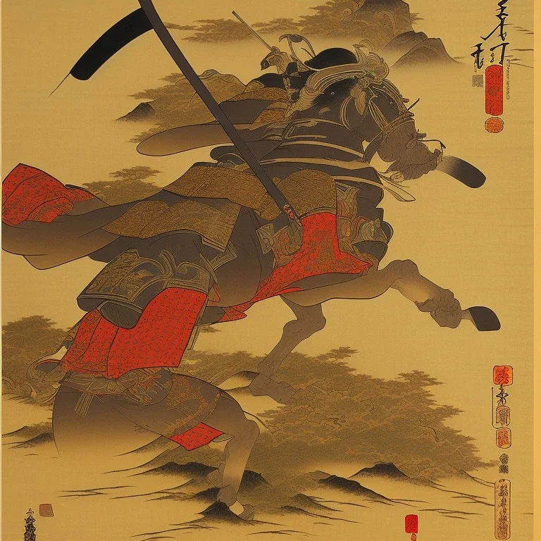 Samurai Japanese Ukiyo-e, sun in the background, walking in the mountains