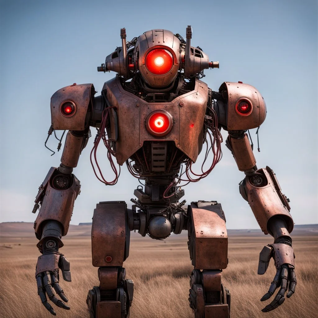 trash mech suit, human-sized, made of scrap metal, small, cockpit, light rust, round, one red glowing eye, loose wires