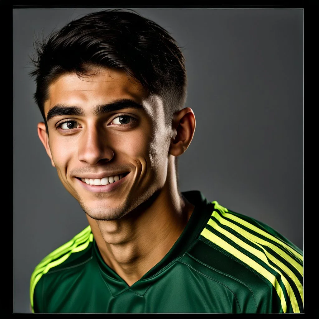 85mm DSLR color photography of a very detailed headshot fitting all of head and hair in frame. 19-year-old Spanish soccer player, and with no facial hair and has no facial hair, has medium length straight black hair with a small smile, grey background