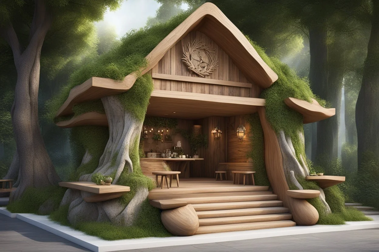 Фасад: Используйте натуральные материалы, такие как дерево и камень. На входе можно разместить резные деревянные элементы, например, сказочные персонажи, такие как Баба Яга или Леший. Зеленые насаждения: Украсьте территорию вокруг кафе деревьями и кустами, создавая ощущение леса. Можно добавить элементы, такие как скамейки из бревен, чтобы подчеркнуть природную атмосферу.