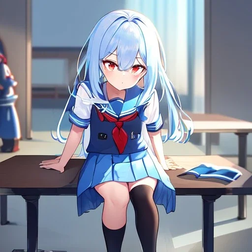 Clear focus, High resolution, long fluffy light blue hair, hair between eyes, long locks, wearing a sailor uniform, wearing a sailor skirt, long black socks, 1girl, cartoon, cute, UNFOTABLE studio, red tie, sitting, outside setting, nothing infront of character, sitting on floor, 1girl