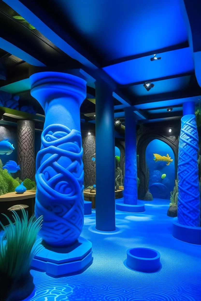 A blue aquarium theme park designed in Hawaiian tikis