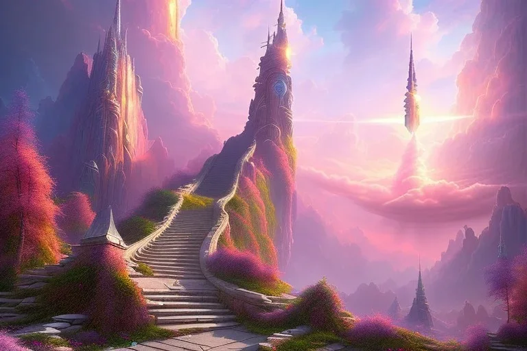 mythical mystical long stairway up to heaven in the sky, atmospheric pink mist, beautiful colours, fine art, trending on artstation, masterpiece