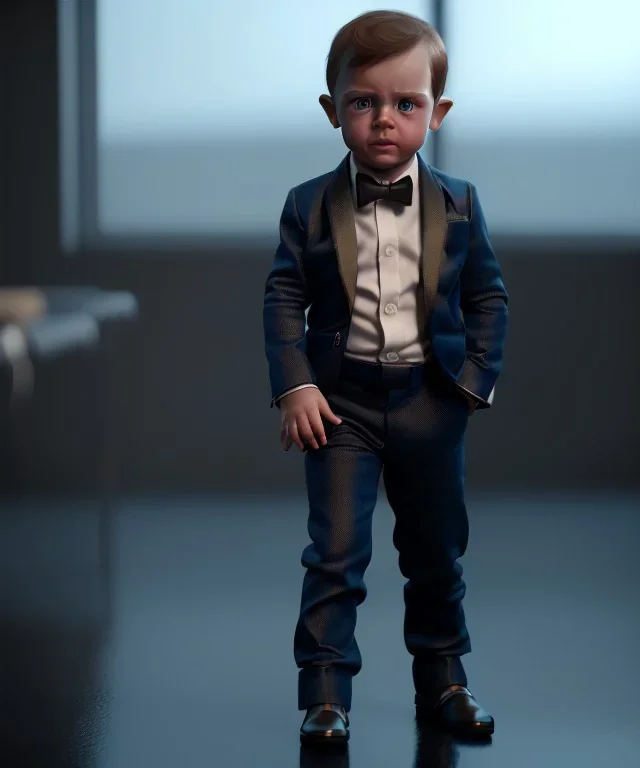 James bond toddler, full body, dramatic lighting, hyper realistic